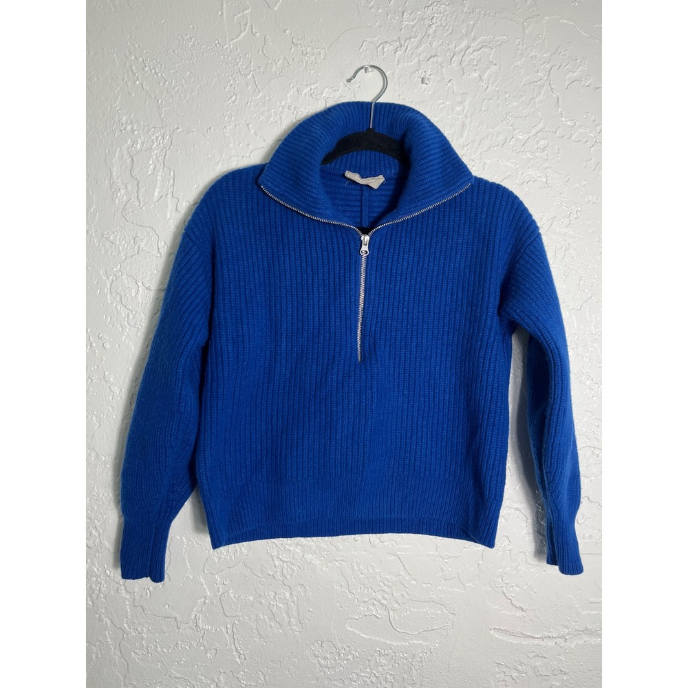 Everlane Women's Size S Blue 100% Wool Ribbed Half Zip Mock Neck Sweater